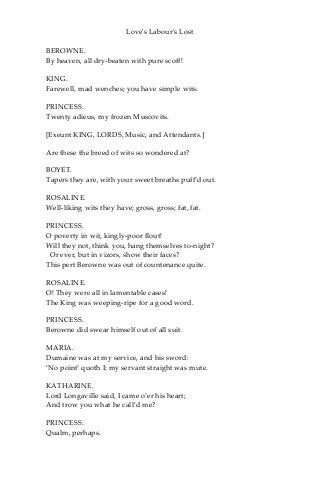 Love's Labour's Lost
BEROWNE.
By heaven, all dry-beaten with pure scoff!
KING.
Farewell, mad wenches; you have simple wits.
PRINCESS.
Twenty adieus, my frozen Muscovits.
[Exeunt KING, LORDS, Music, and Attendants.]
Are these the breed of wits so wondered at?
BOYET.
Tapers they are, with your sweet breaths puff’d out.
ROSALINE.
Well-liking wits they have; gross, gross; fat, fat.
PRINCESS.
O poverty in wit, kingly-poor flout!
Will they not, think you, hang themselves to-night?
Or ever, but in vizors, show their faces?
This pert Berowne was out of countenance quite.
ROSALINE.
O! They were all in lamentable cases!
The King was weeping-ripe for a good word.
PRINCESS.
Berowne did swear himself out of all suit.
MARIA.
Dumaine was at my service, and his sword:
‘No point’ quoth I; my servant straight was mute.
KATHARINE.
Lord Longaville said, I came o’er his heart;
And trow you what he call’d me?
PRINCESS.
Qualm, perhaps.
 