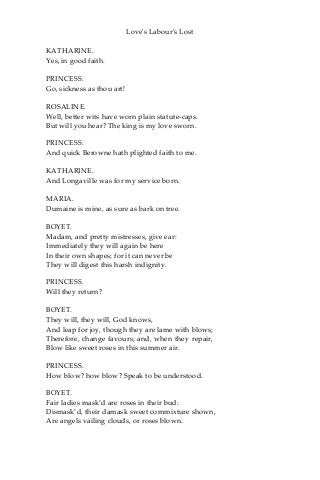 Love's Labour's Lost
KATHARINE.
Yes, in good faith.
PRINCESS.
Go, sickness as thou art!
ROSALINE.
Well, better wits have worn plain statute-caps.
But will you hear? The king is my love sworn.
PRINCESS.
And quick Berowne hath plighted faith to me.
KATHARINE.
And Longaville was for my service born.
MARIA.
Dumaine is mine, as sure as bark on tree.
BOYET.
Madam, and pretty mistresses, give ear:
Immediately they will again be here
In their own shapes; for it can never be
They will digest this harsh indignity.
PRINCESS.
Will they return?
BOYET.
They will, they will, God knows,
And leap for joy, though they are lame with blows;
Therefore, change favours; and, when they repair,
Blow like sweet roses in this summer air.
PRINCESS.
How blow? how blow? Speak to be understood.
BOYET.
Fair ladies mask’d are roses in their bud:
Dismask’d, their damask sweet commixture shown,
Are angels vailing clouds, or roses blown.
 