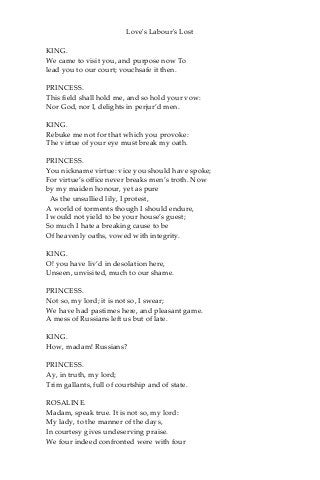 Love's Labour's Lost
KING.
We came to visit you, and purpose now To
lead you to our court; vouchsafe it then.
PRINCESS.
This field shall hold me, and so hold your vow:
Nor God, nor I, delights in perjur’d men.
KING.
Rebuke me not for that which you provoke:
The virtue of your eye must break my oath.
PRINCESS.
You nickname virtue: vice you should have spoke;
For virtue’s office never breaks men’s troth. Now
by my maiden honour, yet as pure
As the unsullied lily, I protest,
A world of torments though I should endure,
I would not yield to be your house’s guest;
So much I hate a breaking cause to be
Of heavenly oaths, vowed with integrity.
KING.
O! you have liv’d in desolation here,
Unseen, unvisited, much to our shame.
PRINCESS.
Not so, my lord; it is not so, I swear;
We have had pastimes here, and pleasant game.
A mess of Russians left us but of late.
KING.
How, madam! Russians?
PRINCESS.
Ay, in truth, my lord;
Trim gallants, full of courtship and of state.
ROSALINE.
Madam, speak true. It is not so, my lord:
My lady, to the manner of the days,
In courtesy gives undeserving praise.
We four indeed confronted were with four
 