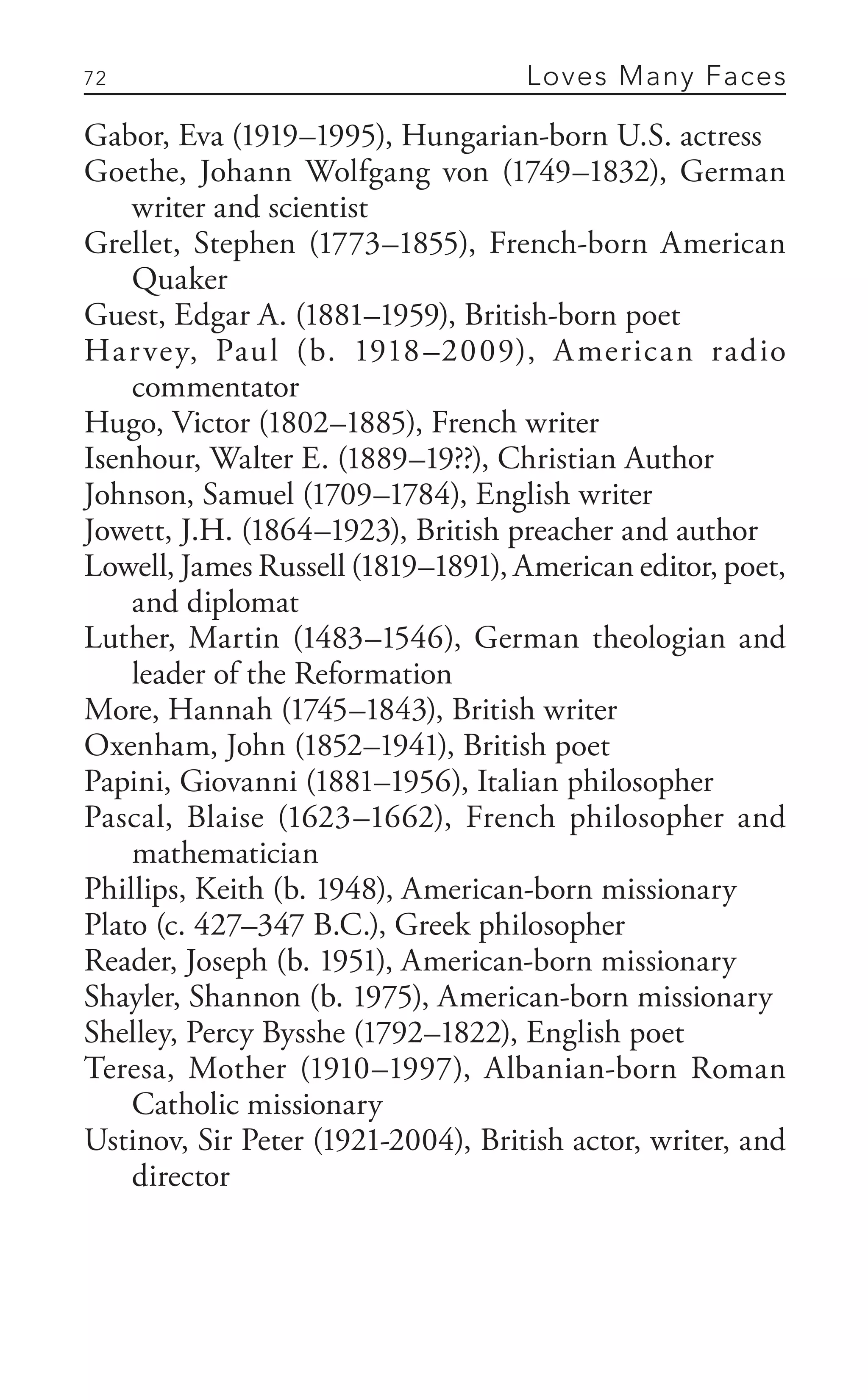 72 Loves Many Faces
Gabor, Eva (1919–1995), Hungarian-born U.S. actress
Goethe, Johann Wolfgang von (1749–1832), German
writer and scientist
Grellet, Stephen (1773–1855), French-born American
Quaker
Guest, Edgar A. (1881–1959), British-born poet
Harvey, Paul (b. 1918–2009), American radio
commentator
Hugo, Victor (1802–1885), French writer
Isenhour, Walter E. (1889–19??), Christian Author
Johnson, Samuel (1709–1784), English writer
Jowett, J.H. (1864–1923), British preacher and author
Lowell, James Russell (1819–1891), American editor, poet,
and diplomat
Luther, Martin (1483–1546), German theologian and
leader of the Reformation
More, Hannah (1745–1843), British writer
Oxenham, John (1852–1941), British poet
Papini, Giovanni (1881–1956), Italian philosopher
Pascal, Blaise (1623–1662), French philosopher and
mathematician
Phillips, Keith (b. 1948), American-born missionary
Plato (c. 427–347 B.C.), Greek philosopher
Reader, Joseph (b. 1951), American-born missionary
Shayler, Shannon (b. 1975), American-born missionary
Shelley, Percy Bysshe (1792–1822), English poet
Teresa, Mother (1910–1997), Albanian-born Roman
Catholic missionary
Ustinov, Sir Peter (1921-2004), British actor, writer, and
director
 