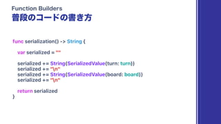 func serialization() -> String {
var serialized = ""
serialized += String(SerializedValue(turn: turn))
serialized += "n"
serialized += String(SerializedValue(board: board))
serialized += "n"
return serialized
}
 