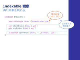 IndexableBase
まとめ
▶ 索引の範囲を取得できる
▶ 添字で索引を添えてアクセスできる
 