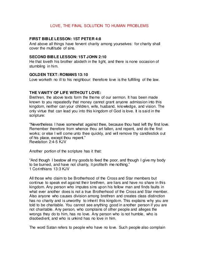 Love The Final Solution To Human Problems First Bible Lesson St Peter Love The Final Solution To Human Problems First Bible Lesson St Peter