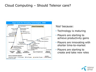 Cloud Computing – Should Telenor care?




    Hype Cycle for Emerging Technologies, 2009

                            Cloud Computing      Yes! because:
                                                 • Technology is maturing
                                                 • Players are starting to
                                                   achieve productivity gains
                                                 • Players are innovating with
                                                   shorter time-to-market
                                                 • Players are starting to
                                                   create and take new roles
 