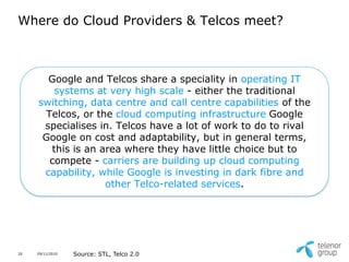 Where do Cloud Providers & Telcos meet?



       Google and Telcos share a speciality in operating IT
        systems at very high scale - either the traditional
     switching, data centre and call centre capabilities of the
      Telcos, or the cloud computing infrastructure Google
      specialises in. Telcos have a lot of work to do to rival
      Google on cost and adaptability, but in general terms,
       this is an area where they have little choice but to
       compete - carriers are building up cloud computing
      capability, while Google is investing in dark fibre and
                   other Telco-related services.




20   29/11/2010   Source: STL, Telco 2.0
 