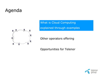 Agenda

         What is Cloud Computing
         explained through examples


         Other operators offering


         Opportunities for Telenor
 