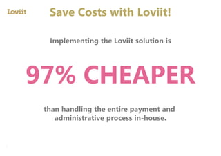 Implementing the Loviit solution is
97% CHEAPER
than handling the entire payment and
administrative process in-house.
Save Costs with Loviit!
 