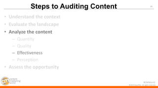 #CMWorld 
61 
©2014 Razorfish. All rights reserved. 
•Understand the context 
•Evaluate the landscape 
•Analyze the content 
–Quantity 
–Quality 
–Effectiveness 
–Perception 
•Assess the opportunity 
Steps to Auditing Content  
