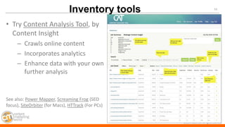 #CMWorld 
53 
©2014 Razorfish. All rights reserved. 
•Try Content Analysis Tool, by Content Insight 
–Crawls online conten...
