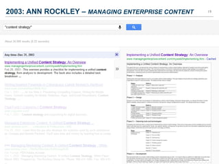 2003: ANN ROCKLEY – MANAGING ENTERPRISE CONTENT   19
 