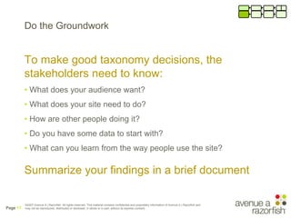 Do the Groundwork


          To make good taxonomy decisions, the
          stakeholders need to know:
          • What d...