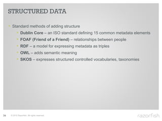 STRUCTURED DATA

     ‣ Standard methods of adding structure
         ‣ Dublin Core – an ISO standard defining 15 common metadata elements
         ‣ FOAF (Friend of a Friend) – relationships between people
         ‣ RDF – a model for expressing metadata as triples
         ‣ OWL – adds semantic meaning
         ‣ SKOS – expresses structured controlled vocabularies, taxonomies




34    © 2010 Razorfish. All rights reserved.
 