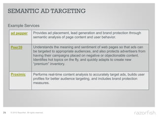 SEMANTIC AD TARGETING

     Example Services
      ad pepper                 Provides ad placement, lead generation and brand protection through
                                semantic analysis of page content and user behavior.

      Peer39                    Understands the meaning and sentiment of web pages so that ads can
                                be targeted to appropriate audiences, and also protects advertisers from
                                having their campaigns placed on negative or objectionable content.
                                Identifies hot topics on the fly, and quickly adapts to create new
                                “premium” inventory.

      Proximic                  Performs real-time content analysis to accurately target ads, builds user
                                profiles for better audience targeting, and includes brand protection
                                measures.




79    © 2010 Razorfish. All rights reserved.
 
