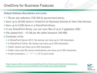 OneDrive for Business Features
 1 TB per site collection (100 GB for government plans)
 Sync up to 20,000 items in OneDr...