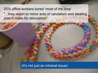 25% office workers bored ‗most of the time‘
―...they resort to minor acts of vandalism and stealing
post-it notes for stimulation‖




           (it‘s not just an intranet issue)
 
