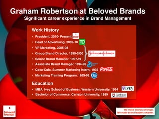 Graham Robertson at Beloved Brands
Significant career experience in Brand Management
Education
• MBA, Ivey School of Business, Western University, 1994
• Bachelor of Commerce, Carleton University, 1989
Work History
• President, 2010- Present
• Head of Advertising, 2009-10
• VP Marketing, 2005-08
• Group Brand Director, 1999-2005
• Senior Brand Manager, 1997-99
• Associate Brand Manager, 1994-96
• Coca-Cola, Summer Marketing Intern, 1993
• Marketing Training Program, 1989-92
 