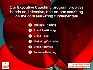 Our Executive Coaching program provides
hands on, intensive, one-on-one coaching
on the core Marketing fundamentals
Strategic Thinking
Brand Positioning
Brand Plans
Marketing Execution
Brand Analytics
Personal Branding
1
2
4
5
3
6
 