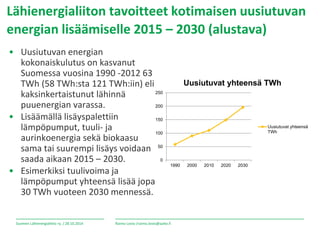 Lähienergialiiton tavoitteet kotimaisen uusiutuvan 
energian lisäämiselle 2015 – 2030 (alustava) 
• Uusiutuvan energian 
k...
