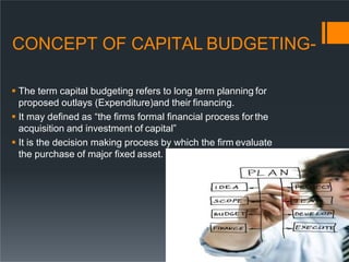 CONCEPT OF CAPITAL BUDGETING-
 The term capital budgeting refers to long term planning for
proposed outlays (Expenditure)and their financing.
 It may defined as “the firms formal financial process for the
acquisition and investment of capital”
 It is the decision making process by which the firm evaluate
the purchase of major fixed asset.
 