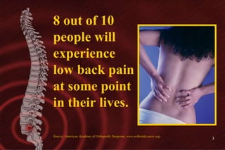 8 out of 10 people will experience low back pain at some point in their lives. Source: American Academy of Orthopedic Surg...