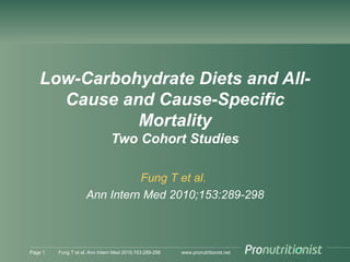 www.pronutritionist.net
Low-Carbohydrate Diets and All-
Cause and Cause-Specific
Mortality
Two Cohort Studies
Fung T et al.
Ann Intern Med 2010;153:289-298
Page 1 Fung T et al. Ann Intern Med 2010;153:289-298
 