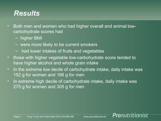Results
• Both men and women who had higher overall and animal low-
carbohydrate scores had
– higher BMI
– were more likely to be current smokers
– had lower intakes of fruits and vegetables
• those with higher vegetable low-carbohydrate score tended to
have higher alcohol and whole grain intake
• In the extreme low decile of carbohydrate intake, daily intake was
152 g for women and 166 g for men
• In extreme high decile of carbohydrate intake, daily intake was
275 g for women and 305 g for men
Page 5 Fung T et al. Ann Intern Med 2010;153:289-298 www.pronutritionist.net
 