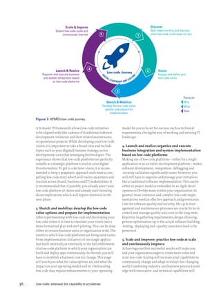 Low-code: empower the capability to accelerate
36
A bi-model IT framework allows low-code initiatives
to be aligned with (the cadence of) traditional software
development initiatives and their related maintenance
or operational projects. While developing your low-code
vision, it is important to take a broad view and include
topics such as your (digital) business strategy, sector
developments and other (emerging) technologies. The
experience shows that low-code platforms are perfectly
suitable as a strategic platform to realize your digital
transformation. To get to a decisive vision, it is recom-
mended to keep a pragmatic approach and create a com-
pelling low-code story which will realize awareness and
traction across (board, business and IT) stakeholders. It
is recommended that, if possible, you already select your
low-code platform of choice and already start thinking
about implications which will require attention in the
next phase.
3. Sketch and mobilize: develop the low-code
value options and prepare for implementation
After experimenting with low-code and developing your
low code vision it is time to translate your vision into a
more formalized plan and start piloting. This can be done
either in certain business units or organization-wide. The
extent to which low-code platforms are being used varies.
From implementation initiatives of one single applica-
tion built internally or externally to the full embedment
of a low-code platform in which your organization can
build and deploy apps continuously. In the end, you will
have to establish a business case for change. This stage
will teach you what the value options are and what the
impact on your operating model will be. On-boarding
low-code may require enhancements to your operating
model for you to be set for success, such as technical
requirements, the (agile) way of working and existing IT
landscape.
4. Launch and realize: organize and execute
business integration and system implementation
based on low-code platforms
Making use of low-code platforms – either for a single
application or as an entire development platform – makes
software development, -integration, -debugging and
-security validation significantly easier. However, you
will still have to organize and manage your initiatives
like a traditional software implementation. This can be
either in project mode or embedded in an Agile devel-
opment or DevOps team within your organization. In
general, more extensive and complex low-code imple-
mentations need an effective approach and governance.
Care for software quality and security, life cycle man-
agement and maintenance processes are crucial to be in
control and manage quality and costs in the long term.
Expertise in gathering requirements, design thinking,
process optimization up to the actual software building,
-testing, -deploying and –quality assurance need to be
preserved.
5. Scale and improve: practice low-code at scale
and continuously improve
Achieving your first successful results will make you
and your organization eager to create more value and
scale low-code. Scaling will increase your capabilities to
continuously change and adapt in today’s fast changing
world. Combining industry- and business process knowl-
edge with innovative- and technical capabilities will
Low-code Journey
3
2
1
Discover
Start experimenting and discover
what low-code could mean for you
Vision
Engage and define your
low-code vision
Launch & Realize
Organize and execute business
and system intregration based
on low-code platforms
Scale & Improve
Extend low-code scale and
continuously improve
Sketch & Mobilize
Develop the low-code value
options and prepare for
implementation
2
1
5
4
D
IGITAL LEADERSHIP AND CULTUR
E
Focus on:
Why
What
How
Figure 3. KPMG’s low-code journey.
 