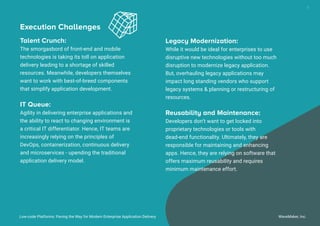 Low-code Platforms: Paving the Way for Modern Enterprise Application Delivery WaveMaker, Inc.
9
Execution Challenges
Talent Crunch:
The smorgasbord of front-end and mobile
technologies is taking its toll on application
delivery leading to a shortage of skilled
resources. Meanwhile, developers themselves
want to work with best-of-breed components
that simplify application development.
IT Queue:
Agility in delivering enterprise applications and
the ability to react to changing environment is
a critical IT differentiator. Hence, IT teams are
increasingly relying on the principles of
DevOps, containerization, continuous delivery
and microservices - upending the traditional
application delivery model.
Legacy Modernization:
While it would be ideal for enterprises to use
disruptive new technologies without too much
disruption to modernize legacy application.
But, overhauling legacy applications may
impact long standing vendors who support
legacy systems & planning or restructuring of
resources.
Reusability and Maintenance:
Developers don’t want to get locked into
proprietary technologies or tools with
dead-end functionality. Ultimately, they are
responsible for maintaining and enhancing
apps. Hence, they are relying on software that
offers maximum reusability and requires
minimum maintenance effort.
 