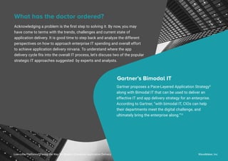 Acknowledging a problem is the ﬁrst step to solving it. By now, you may
have come to terms with the trends, challenges and current state of
application delivery. It is good time to step back and analyze the different
perspectives on how to approach enterprise IT spending and overall effort
to achieve application delivery nirvana. To understand where the app
delivery cycle ﬁts into the overall IT process, let's discuss two of the popular
strategic IT approaches suggested by experts and analysts.
What has the doctor ordered?
Gartner proposes a Pace-Layered Application Strategy9
along with Bimodal IT that can be used to deliver an
effective IT and app delivery strategy for an enterprise.
According to Gartner, “with bimodal IT, CIOs can help
their departments meet the digital challenge, and
ultimately bring the enterprise along.”10
Gartner’s Bimodal IT
Low-code Platforms: Paving the Way for Modern Enterprise Application Delivery WaveMaker, Inc.
13
 