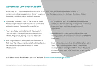 As a developer, you can make use of WaveMaker’s
continuous delivery allowing development, continuous
integration, easy testing and deployment of
applications.
WaveMaker supports a composable architecture
where you can auto-enable microservices and RESTful
integration.
From a ﬁnancial perspective, WaveMaker offers a low
TCO (Total Cost of Ownership) with a transparent
developer-based pricing model that allows the you to
create unlimited apps to be consumed by any number
of end users.
WaveMaker Low-code Platform
WaveMaker is a Low-code Platform that is built on the most open, extensible and flexible fashion to
complement enterprise application delivery keeping in mind the requirements of a Software Developer, Citizen
developer / business user, IT architect and CIO.
WaveMaker provides a state of the art visual Rapid
App Development delivers full stack web and mobile
applications using the ease of drag-and-drop.
Future-proof your applications with WaveMaker’s
customizable code based on open standards like
HTML5, Angular JS , Spring, Java and Hibernate.
With easy single click deployment via containers or
WAR ﬁles, WaveMaker maintains its flexibility allowing
the user to deploy apps to a private or public
infrastructure.
Low-code Platforms: Paving the Way for Modern Enterprise Application Delivery WaveMaker, Inc.
Start a free trial of WaveMaker Low-code Platform at www.wavemaker.com/get-started
28
 