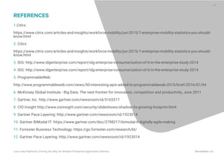 REFERENCES
1.Citirx:
https://www.citrix.com/articles-and-insights/workforce-mobility/jun-2015/7-enterprise-mobility-statistics-you-should-
know.html
2. Citirx:
https://www.citrix.com/articles-and-insights/workforce-mobility/jun-2015/7-enterprise-mobility-statistics-you-should-
know.html
3. IDG: http://www.idgenterprise.com/report/idg-enterprise-consumerization-of-it-in-the-enterprise-study-2014
4. IDG: http://www.idgenterprise.com/report/idg-enterprise-consumerization-of-it-in-the-enterprise-study-2014
5. ProgrammableWeb:
http://www.programmableweb.com/news/50-interesting-apis-added-to-programmableweb-2015/brief/2016/01/04
6. McKinsey Global Institute - Big Data: The next frontier for innovation, competition and productivity, June 2011
7. Gartner, Inc. http://www.gartner.com/newsroom/id/3165317
8. CIO Insight http://www.cioinsight.com/security/slideshows/shadow-its-growing-footprint.html
9. Gartner Pace Layering: http://www.gartner.com/newsroom/id/1923014
10. Gartner BiModal IT: https://www.gartner.com/doc/2798217/bimodal-it-digitally-agile-making
11. Forrester Business Technology: https://go.forrester.com/research/bt/
12. Gartner Pace Layering: http://www.gartner.com/newsroom/id/1923014
Low-code Platforms: Paving the Way for Modern Enterprise Application Delivery WaveMaker, Inc.
29
 
