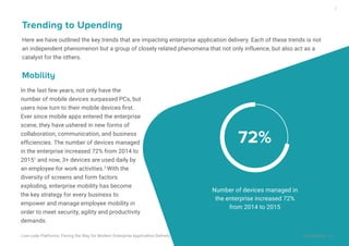 In the last few years, not only have the
number of mobile devices surpassed PCs, but
users now turn to their mobile devices ﬁrst.
Ever since mobile apps entered the enterprise
scene, they have ushered in new forms of
collaboration, communication, and business
efﬁciencies. The number of devices managed
in the enterprise increased 72% from 2014 to
20151
and now, 3+ devices are used daily by
an employee for work activities.2
With the
diversity of screens and form factors
exploding, enterprise mobility has become
the key strategy for every business to
empower and manage employee mobility in
order to meet security, agility and productivity
demands.
Mobility
Here we have outlined the key trends that are impacting enterprise application delivery. Each of these trends is not
an independent phenomenon but a group of closely related phenomena that not only influence, but also act as a
catalyst for the others.
Trending to Upending
72%
Number of devices managed in
the enterprise increased 72%
from 2014 to 2015
Low-code Platforms: Paving the Way for Modern Enterprise Application Delivery WaveMaker, Inc.
2
 