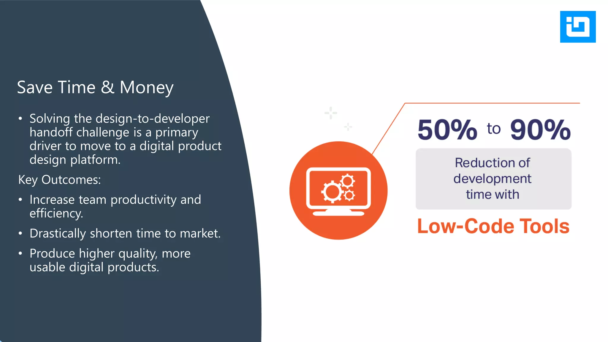 • Solving the design-to-developer
handoff challenge is a primary
driver to move to a digital product
design platform.
Key Outcomes:
• Increase team productivity and
efficiency.
• Drastically shorten time to market.
• Produce higher quality, more
usable digital products.
Save Time & Money
 