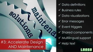 ✓ Data definitions
✓ Business rules
✓ Data visualizations
✓ Error messages
✓ Event triggers
✓ Shared components
✓ Multilingual support
✓ Help text#3: Accelerate Design
AND Maintenance
 