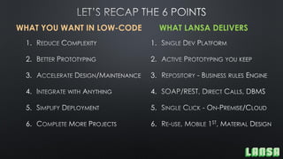 1.
2.
3.
4.
5.
6.
WHAT YOU WANT IN LOW-CODE WHAT LANSA DELIVERS
1.
2.
3.
4.
5.
6.
 