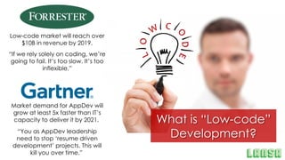 What is “Low-code”
Development?
Market demand for AppDev will
grow at least 5x faster than IT’s
capacity to deliver it by 2021.
“If we rely solely on coding, we’re
going to fail. It’s too slow. It’s too
inflexible.”
“You as AppDev leadership
need to stop ‘resume driven
development’ projects. This will
kill you over time.”
Low-code market will reach over
$10B in revenue by 2019.
 