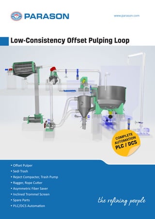 www.parason.com
Low-Consistency Offset Pulping Loop
the refining people
 Oﬀset Pulper
 Sedi Trash
 Reject Compacter, Trash Pump
 Ragger, Rope Cu er
 Asymmetric Fiber Saver
 Inclined Trommel Screen
 Spare Parts
 PLC/DCS Automa on
COMPLETE
AUTOMATION
PLC / DCS
 