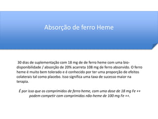 Absorção de ferro Heme 
30 dias de suplementação com 18 mg de de ferro heme com uma bio-disponibilidade 
/ absorção de 20% acarreta 108 mg de ferro absorvido. O ferro 
heme é muito bem tolerado e é conhecido por ter uma proporção de efeitos 
colaterais tal como placebo. Isso significa uma taxa de sucesso maior na 
terapia. 
É por isso que os comprimidos de ferro heme, com uma dose de 18 mg Fe ++ 
podem competir com comprimidos não-heme de 100 mg Fe ++. 
 