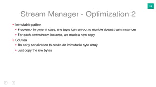 18
Stream Manager - Optimization 2
! Immutable pattern
! Problem:- In general case, one tuple can fan-out to multiple down...