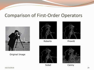 Comparison of First-Order Operators
10/23/2016 29
Original Image
Roberts Prewitt
Sobel Canny
 
