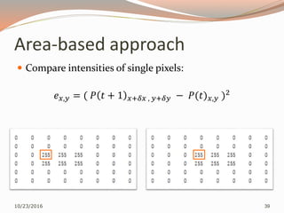 Area-based approach
 Compare intensities of single pixels:
𝑒 𝑥,𝑦 = ( 𝑃 𝑡 + 1 𝑥+𝛿𝑥 , 𝑦+𝛿𝑦 − 𝑃(𝑡) 𝑥,𝑦 )2
10/23/2016 39
 