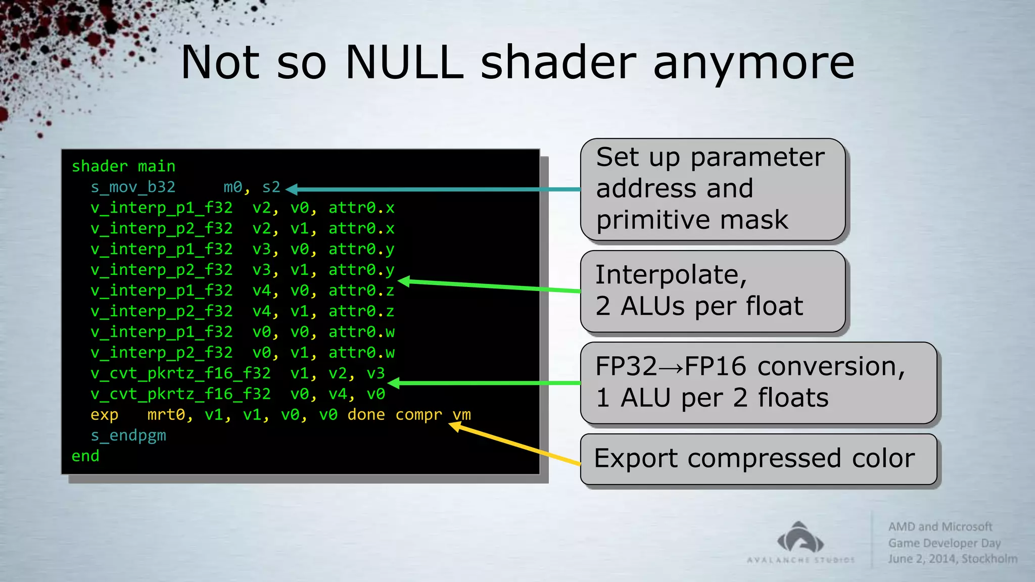 Not so NULL shader anymore
shader main
s_mov_b32 m0, s2
v_interp_p1_f32 v2, v0, attr0.x
v_interp_p2_f32 v2, v1, attr0.x
v_interp_p1_f32 v3, v0, attr0.y
v_interp_p2_f32 v3, v1, attr0.y
v_interp_p1_f32 v4, v0, attr0.z
v_interp_p2_f32 v4, v1, attr0.z
v_interp_p1_f32 v0, v0, attr0.w
v_interp_p2_f32 v0, v1, attr0.w
v_cvt_pkrtz_f16_f32 v1, v2, v3
v_cvt_pkrtz_f16_f32 v0, v4, v0
exp mrt0, v1, v1, v0, v0 done compr vm
s_endpgm
end
Set up parameter
address and
primitive mask
Interpolate,
2 ALUs per float
FP32→FP16 conversion,
1 ALU per 2 floats
Export compressed color
 