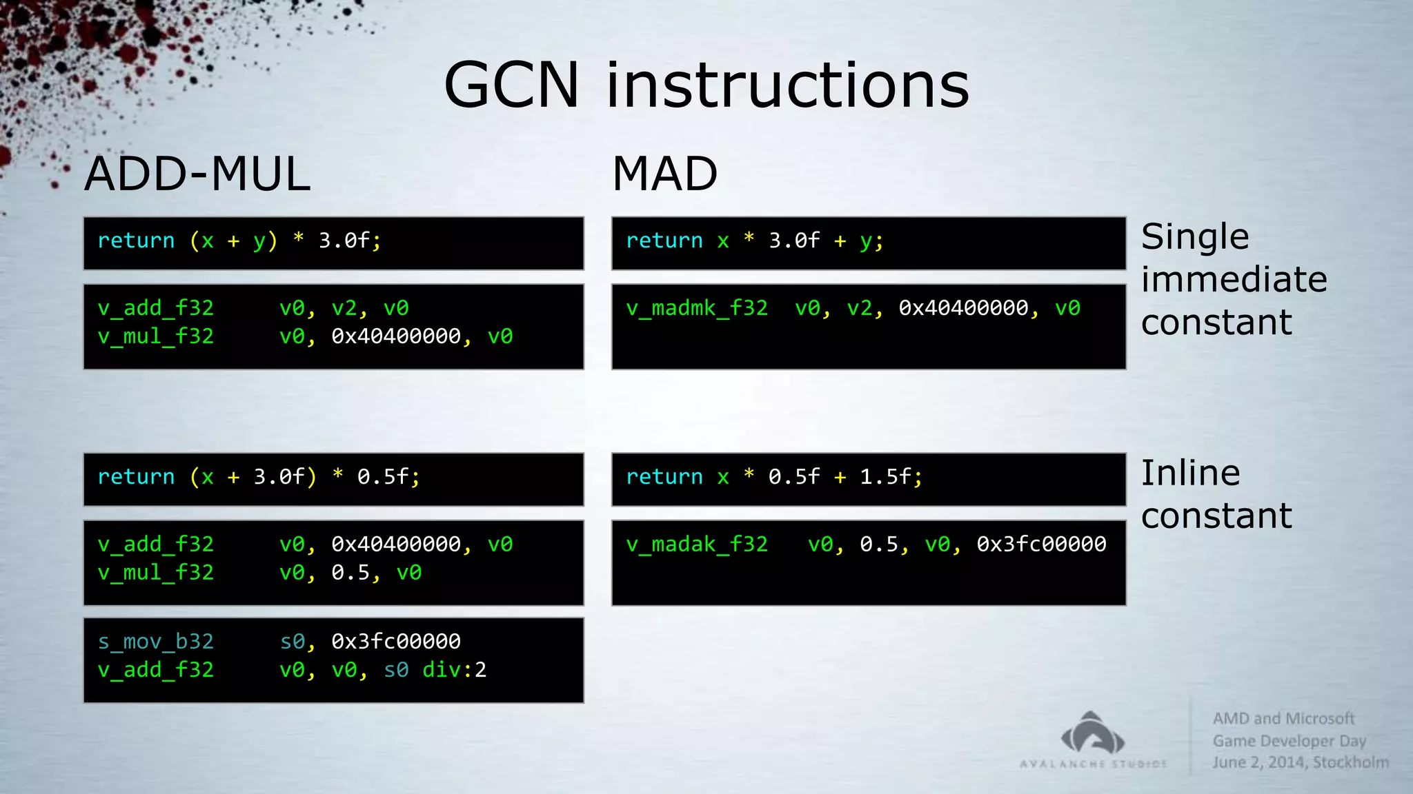 GCN instructions
MAD
return x * 3.0f + y;
v_madmk_f32 v0, v2, 0x40400000, v0
return x * 0.5f + 1.5f;
v_madak_f32 v0, 0.5, v0, 0x3fc00000
return (x + y) * 3.0f;
v_add_f32 v0, v2, v0
v_mul_f32 v0, 0x40400000, v0
return (x + 3.0f) * 0.5f;
v_add_f32 v0, 0x40400000, v0
v_mul_f32 v0, 0.5, v0
s_mov_b32 s0, 0x3fc00000
v_add_f32 v0, v0, s0 div:2
ADD-MUL
Single
immediate
constant
Inline
constant
 