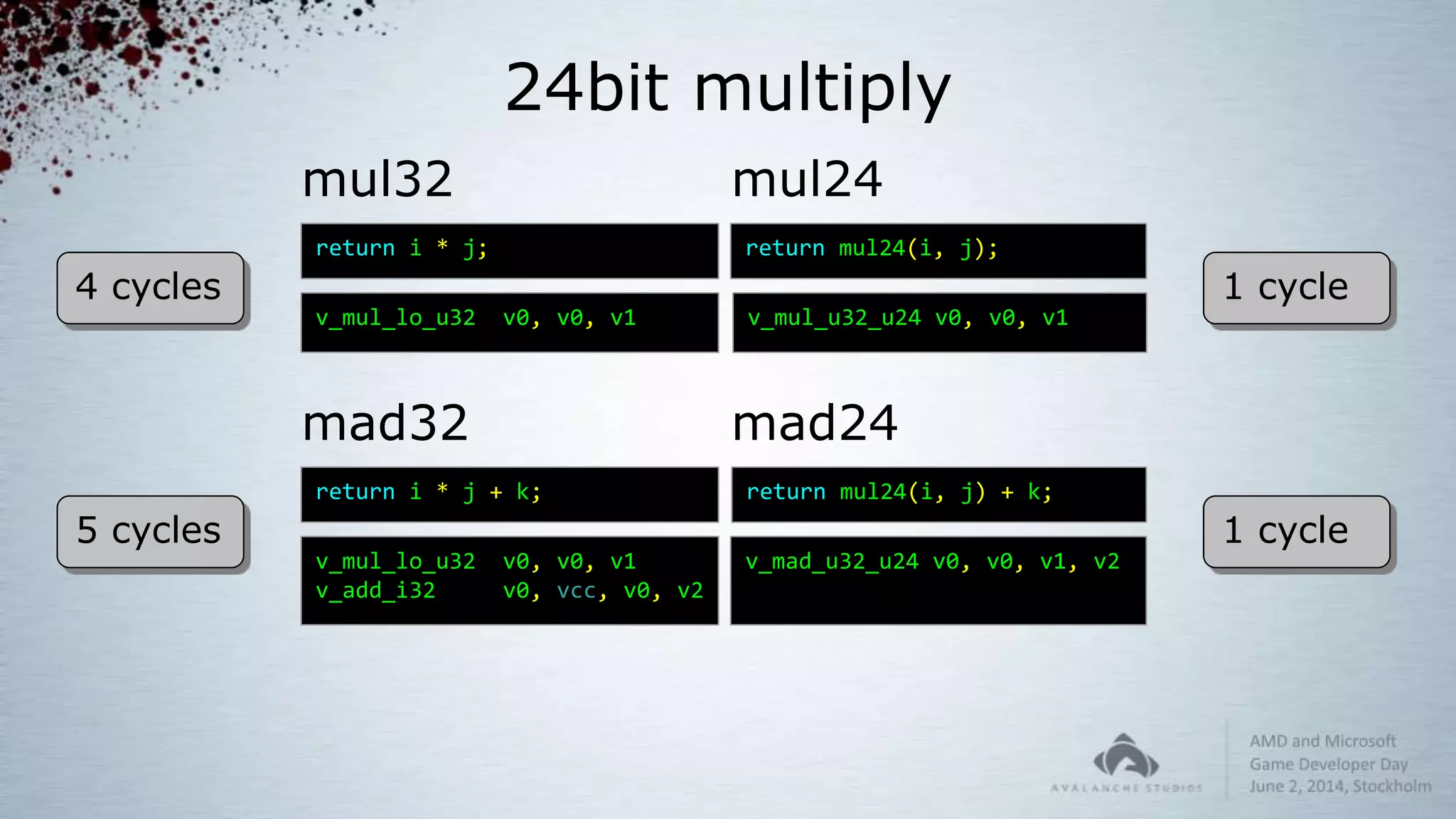 24bit multiply
mul32
return i * j;
v_mul_lo_u32 v0, v0, v1
return mul24(i, j);
v_mul_u32_u24 v0, v0, v1
mul24
mad32
return i * j + k;
v_mul_lo_u32 v0, v0, v1
v_add_i32 v0, vcc, v0, v2
return mul24(i, j) + k;
v_mad_u32_u24 v0, v0, v1, v2
mad24
1 cycle4 cycles
5 cycles 1 cycle
 