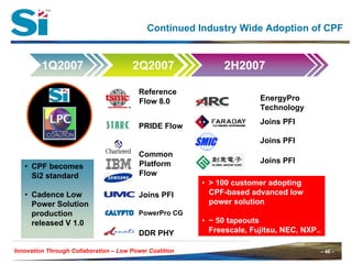 Continued Industry Wide Adoption of CPF


         1Q2007                        2Q2007                 2H2007

                                          Reference
                                          Flow 8.0                      EnergyPro
                                                                        Technology
                                                                        Joins PFI
                                          PRIDE Flow
                                                                        Joins PFI
                                          Common
                                          Platform                      Joins PFI
   • CPF becomes
     Si2 standard                         Flow
                                                         • > 100 customer adopting
   • Cadence Low                          Joins PFI        CPF-based advanced low
     Power Solution                                        power solution
     production                           PowerPro CG
     released V 1.0                                      • ~ 50 tapeouts
                                          DDR PHY          Freescale, Fujitsu, NEC, NXP..

Innovation Through Collaboration
Innovation Through Collaboration – Low Power Coalition                                  – 46 –
 