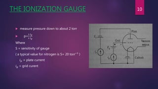 THE IONIZATION GAUGE
 measure pressure down to about 2 torr
 p=
1
𝑠
𝑖 𝑝
𝑖 𝑔
Where
S = sensitivity of gauge
( a typical value for nitrogen is S= 20 torr−1
)
𝑖 𝑝 = plate current
𝑖 𝑔 = grid curent
10
 