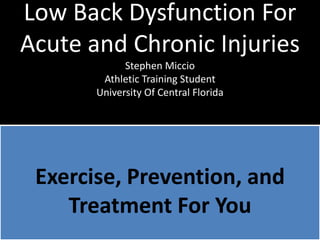 Low Back Dysfunction For
Acute and Chronic Injuries
Stephen Miccio
Athletic Training Student
University Of Central Florida

Exercise, Prevention, and
Treatment For You

 