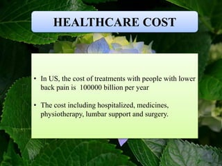 HEALTHCARE COST
• In US, the cost of treatments with people with lower
back pain is 100000 billion per year
• The cost including hospitalized, medicines,
physiotherapy, lumbar support and surgery.
 