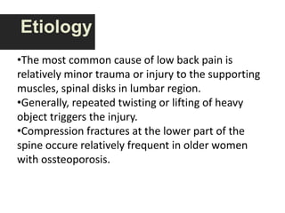 EtiologyThe most common cause of low back pain is relatively minor trauma or injury to the supporting muscles, spinal disks in lumbar region.