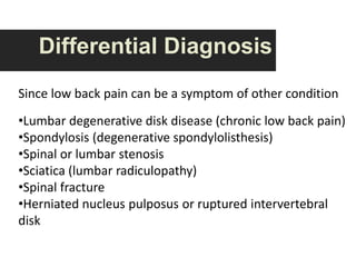 Low back pain can be caused by Sciatica, Ulcer, Nephrolithiasis, ovarian cyst, pancreatitis, etc…Risk factorPeople who regularly lift, twist, bend, and operate vibrating equipment.